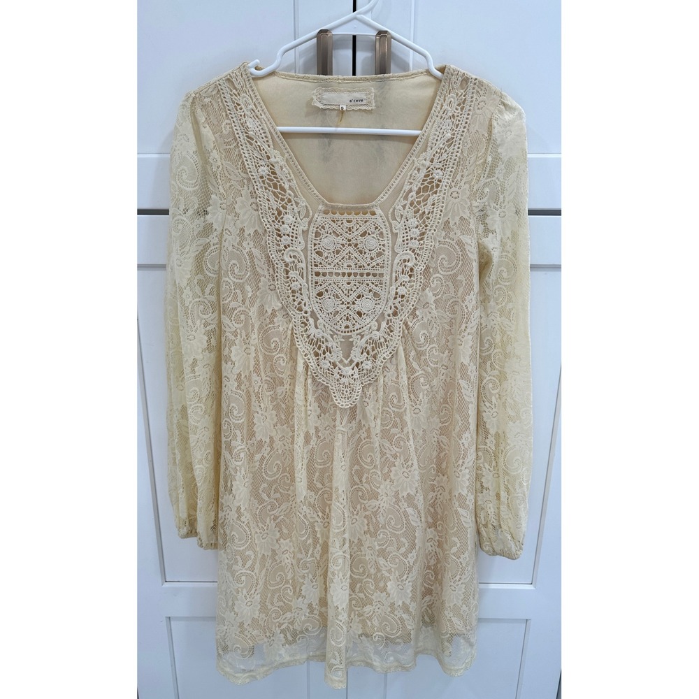 A'Reve Lace Overlay V Neck Mini Dress Ivory Boho Festival Fairy S‎